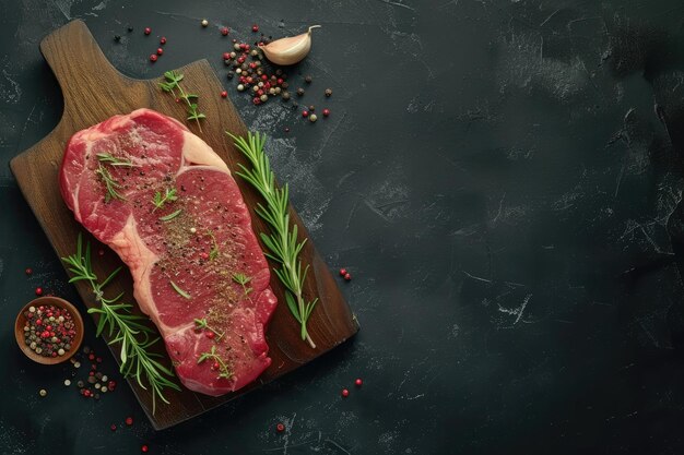 Foto frisches rohes rindfleisch-steak auf holzbrett mit gewürzen auf dunklem stein-hintergrund