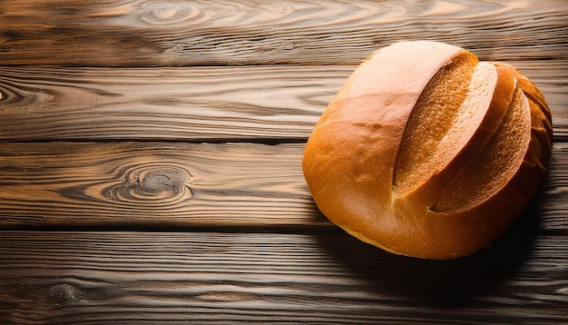 Frisches rundes Brot auf einem Holztisch, leckeres Essen, hausgemachte Bäckerei, Backwaren, Top-View