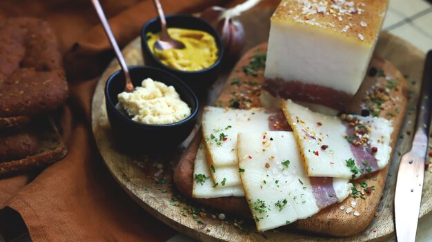 Frisches Schmalz mit Fleischschicht auf einem Holzbrett mit Gewürzen, Senf und Meerrettich Leckerer Snack Bacon