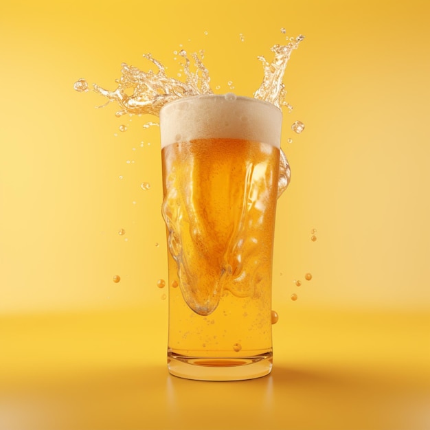 Foto frisches schwebendes bierfoto isoliert auf gelbem hintergrund frisches biergetränk 3d-rendering