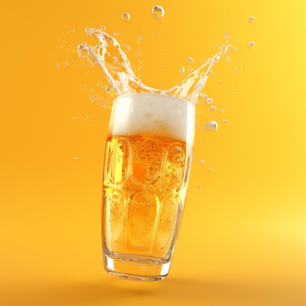 Frisches schwebendes Bierfoto isoliert auf gelbem Hintergrund Frisches Biergetränk 3D-Rendering