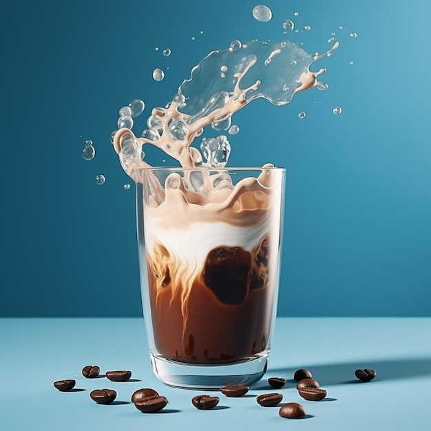 Frisches schwebendes Kaffeefoto isoliert auf blauem Hintergrund Kaffeegetränk 3D-Rendering