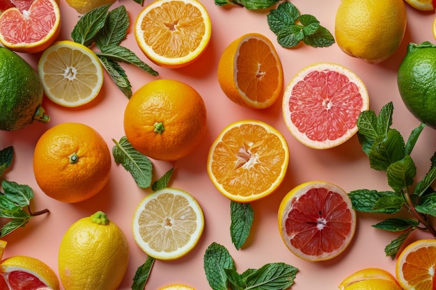 Frisches Sortiment von Zitrusfrüchten mit grünen Blättern auf rosa Hintergrund Gesundes Essen Konzept