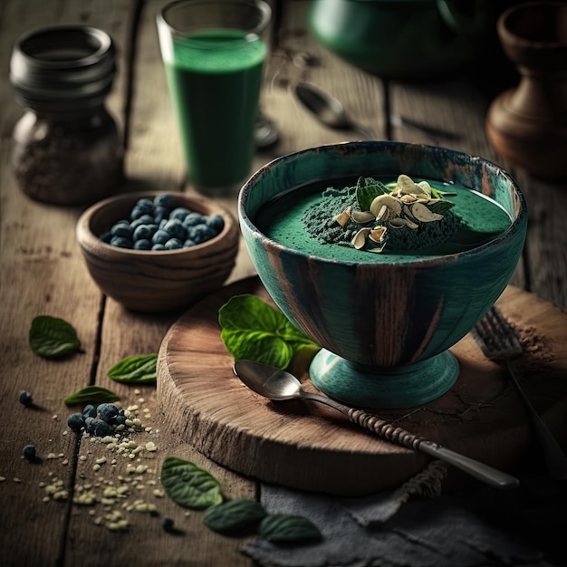 Frisches Spirulina-Getränk im Glas Spirulina-Pulver in Schüssel auf dunklem HintergrundAI generiert