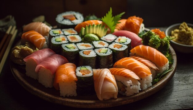 Frisches Sushi und Meeresfrüchtegericht mit Avocado-Wasabi-Sauce, generiert von KI