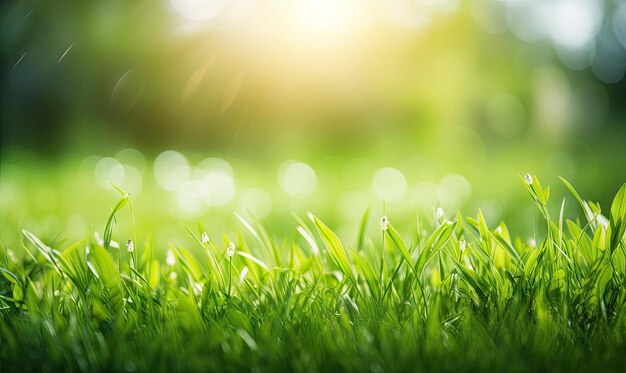 Frisches, üppiges grünes Gras auf der Wiese mit Tropfen Wassertau Nahaufnahme-Makro für Banner-Postkarten-Buchillustrationskarte AI generativ