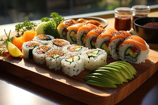 Frisches und farbenfrohes vegetarisches Sushi-Set generativ IA