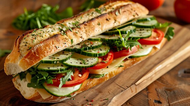 Frisches und gesundes Sandwich mit Gurken, Tomaten und Käse auf einem Holzschnittbrett