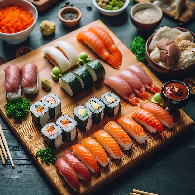 Frisches und köstliches Sushi-Set auf Holzbrett