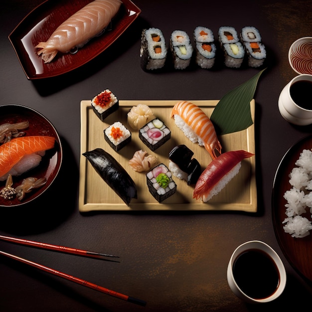 Frisches und leckeres Sushi auf dem generativen AI des Servierplattenstudio-Fotohintergrunds