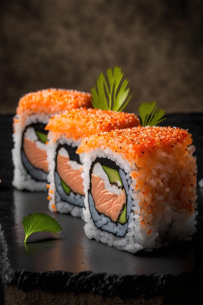 Frisches und leckeres Sushi auf dem generativen AI des Servierplattenstudio-Fotohintergrunds