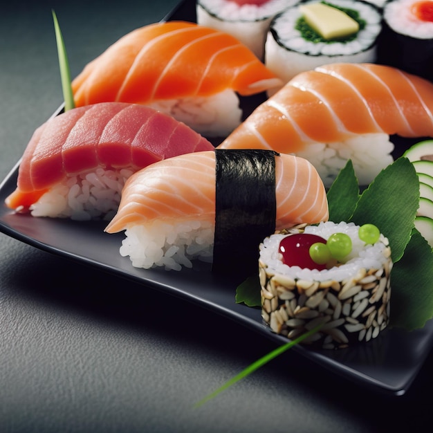 Frisches und leckeres Sushi auf dem generativen AI des Servierplattenstudio-Fotohintergrunds