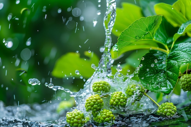 Frisches Wasser spritzt auf grüne Wildbeeren in einer üppigen Waldumgebung mit Tropfen und natürlichem Licht
