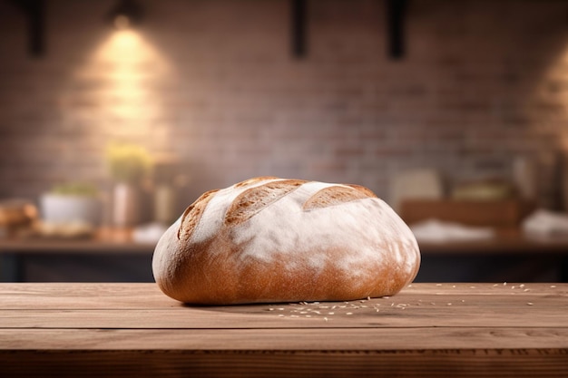 Frisches Weißbrot auf einem Holztisch in einer Bäckerei in der Sonne generativer ai