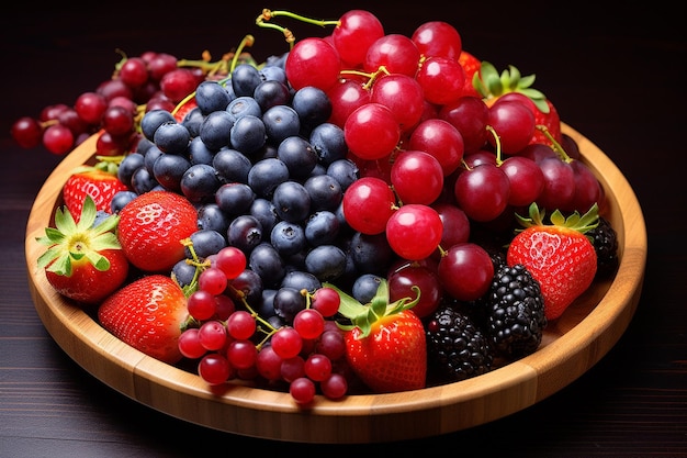 Frischfruchtplatt mit Himbeeren, Erdbeeren, Trauben und Blaubeeren