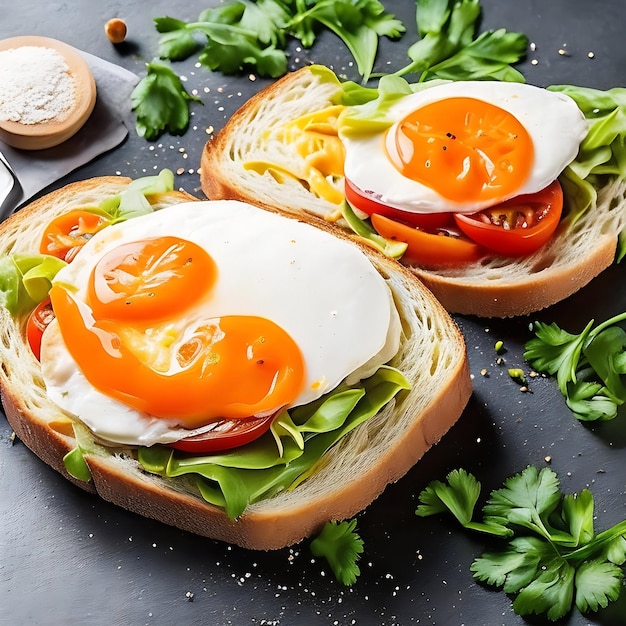 Frischgemachtes Sandwich mit Sonnenseiten-Eiern, Kräutern und saftigen Tomaten auf einem dunklen Holztisch