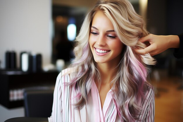 Friseur färbt das Haar leuchtend für eine schöne Frau im Salon, Haarstiel in einem Schönheitssalon