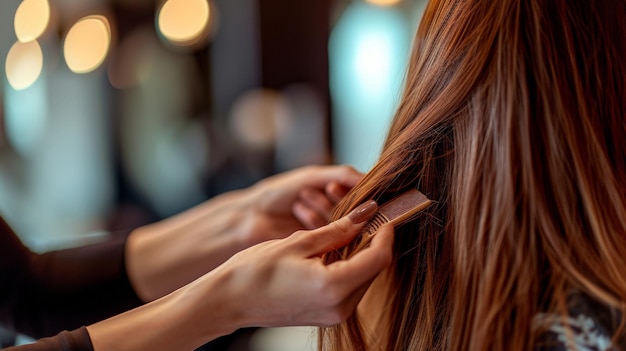 Friseur richtet die Haare der Frau aus, Friseursalon