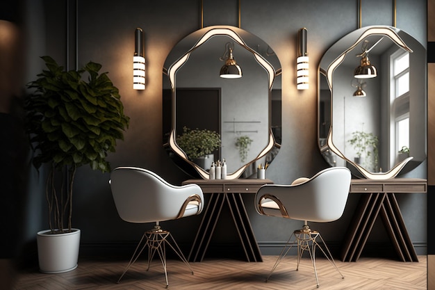 Friseurarbeitsplatz mit beleuchteten Spiegeln und bequemen Stühlen in einem High-End-Coworking Space Eine moderne Einrichtungsidee für einen Friseursalon Horizontale Positionierung
