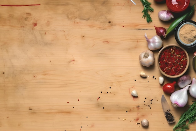 Fritar cebola, pimenta, alho e ketchup no velho quadro verde no estilo de fundo minimalista