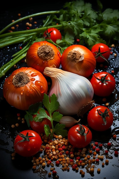 Fritar cebola, pimenta, alho e ketchup no velho quadro verde no estilo de fundo minimalista