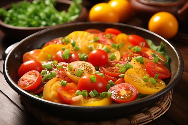 Fritar com uma mistura de tomates coloridos