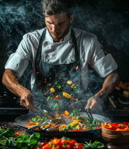 Fritar legumes em um wok quente com fundo escuro