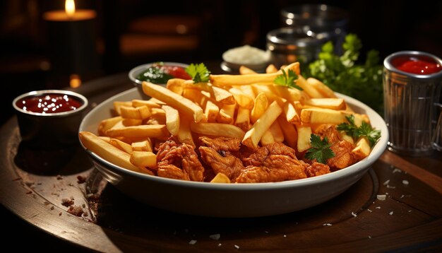 Foto fritas de carne grelhadas e molho em prato de madeira gerado por ia