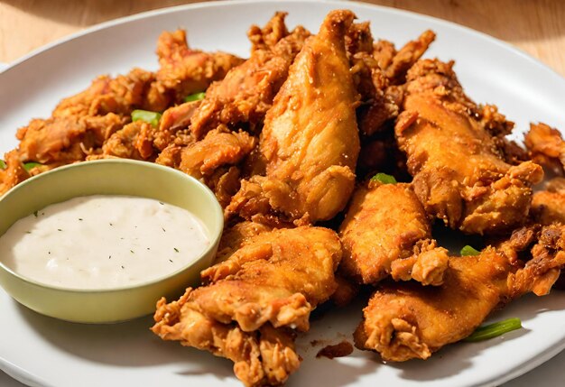 Foto frite asas de frango com molho doce e misture vegetais em fundo branco