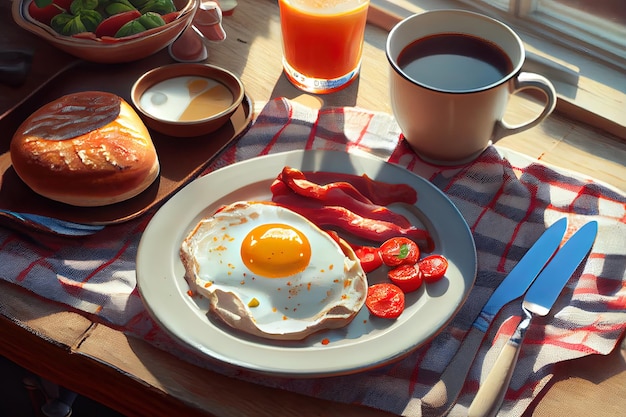 Frite o café da manhã inglês completo na comida ensolarada da manhã de verão
