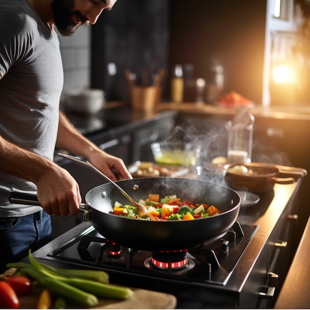 Frite os legumes em uma wok no fogão a gás