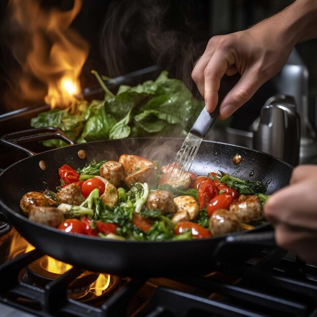 Frite os legumes em uma wok no fogão a gás