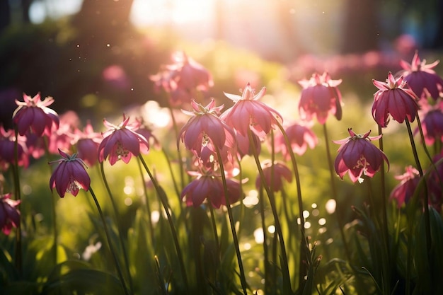 Foto fritillaria en un prado de flores rosadas