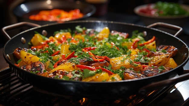 Foto frito de verduras coloridas en una sartén caliente