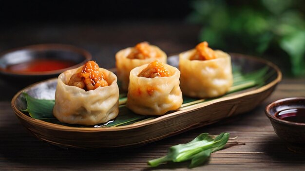 Foto frittierte dim sum mit schmackhafter soße