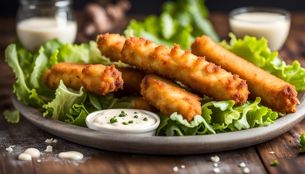 Frittierte Mozzarella-Käse mit frischem grünem Salat und leckerem hausgemachten cremigen Knoblauch