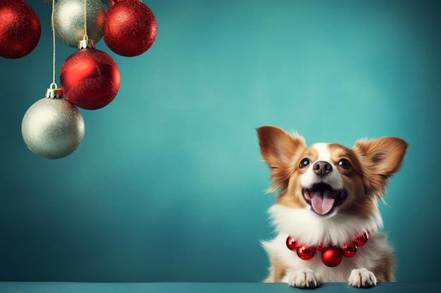 Fröhlich lächelnder Chihuahua-Hund sitzt auf einem Tisch mit Weihnachtsschmuck, Winterferienkonzept