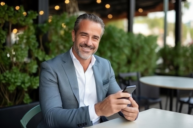 Fröhlich lächelnder, entspannter Geschäftsmann mittleren Alters, reifer professioneller Geschäftsmann, Unternehmer, der in einem Café im Freien sitzt und sein Smartphone in der Hand hält und digitale Technologie-Apps für Mobiltelefone nutzt