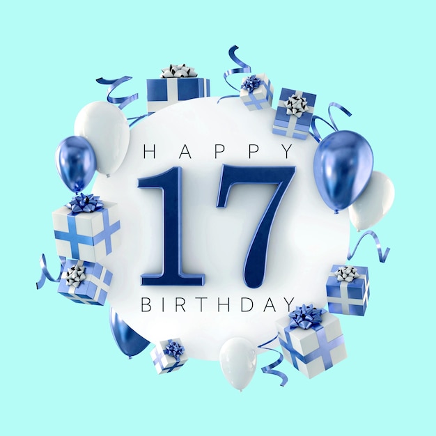 Fröhliche 17. Geburtstagsparty-Komposition mit Luftballons und Geschenken 3D-Render