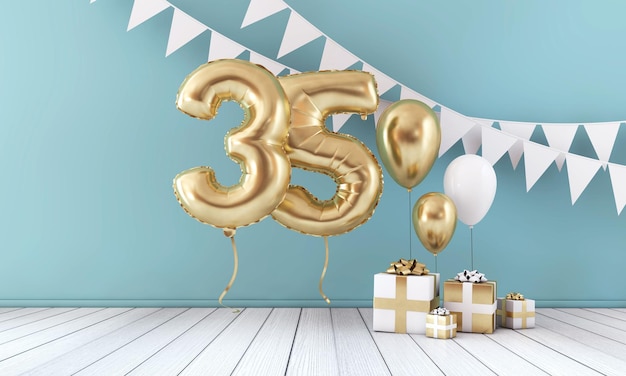 Fröhliche 35. Geburtstagsfeier Ballon Ammer und Geschenkbox 3D Render