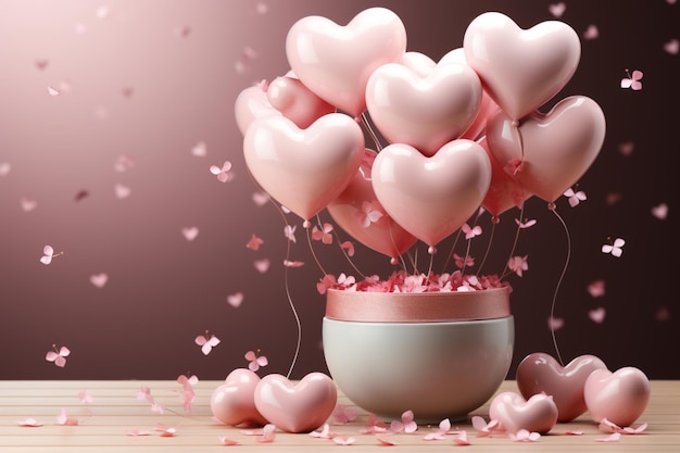 Fröhliche 3D-Darstellung feiert den Valentinstag mit herzförmigen Luftballons und Konfetti