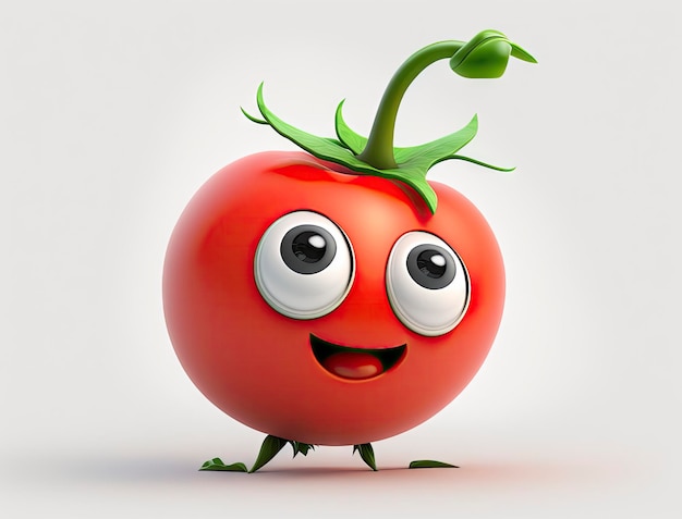Fröhliche 3D-Tomaten-Cartoon-Figur auf weißem Hintergrund