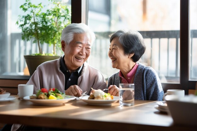 Fröhliche ältere asiatische Mann und Frau oder Familie verbringen Zeit zusammen beim Mittagessen im Restaurant