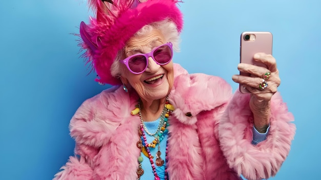 Fröhliche ältere Dame in Rosa, die ein Selfie mit einem Smartphone macht, lebhaft fröhlich und das Leben umarmend, exzentrische Mode, KI