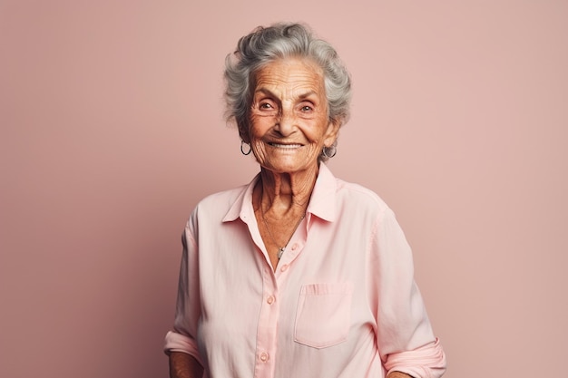 Fröhliche ältere Dame lächelt in die Kamera vor einem rosa Hintergrund. Generative KI