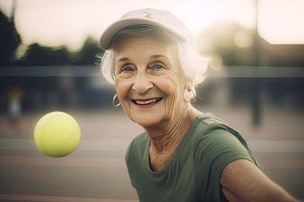 Fröhliche ältere Dame spielt bei Sonnenuntergang Pickleball