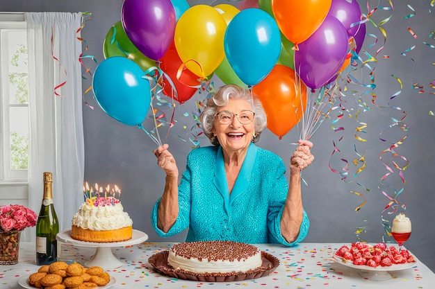 Fröhliche ältere Frau am festlichen Tisch zum Geburtstag der Großmutter