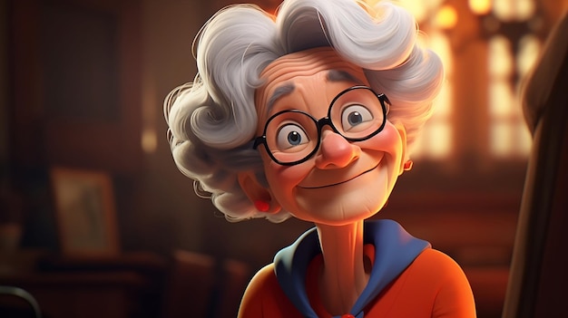 Fröhliche ältere Frau grüßt die Kamera. Weibliche ältere Zeichentrickfigur lächelt in die Kamera