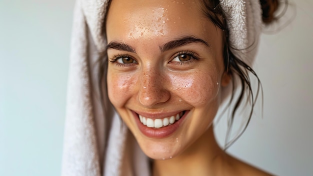 Fröhliche attraktive junge Frau nach dem Bad mit Handtuch auf dem Kopf