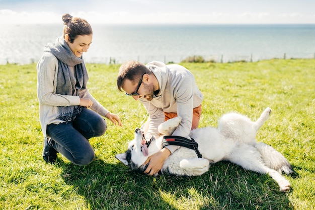 Fröhliche aufgeregte Frauen und Männer verbringen Wochenenden zusammen auf einem Naturspaziergang mit einem schönen gehorsamen Husky. Versuchen Sie, es zu trainieren Fröhliches Paar und ihr Haustier verbringen Freizeit im Freien Menschen Tiere Natur